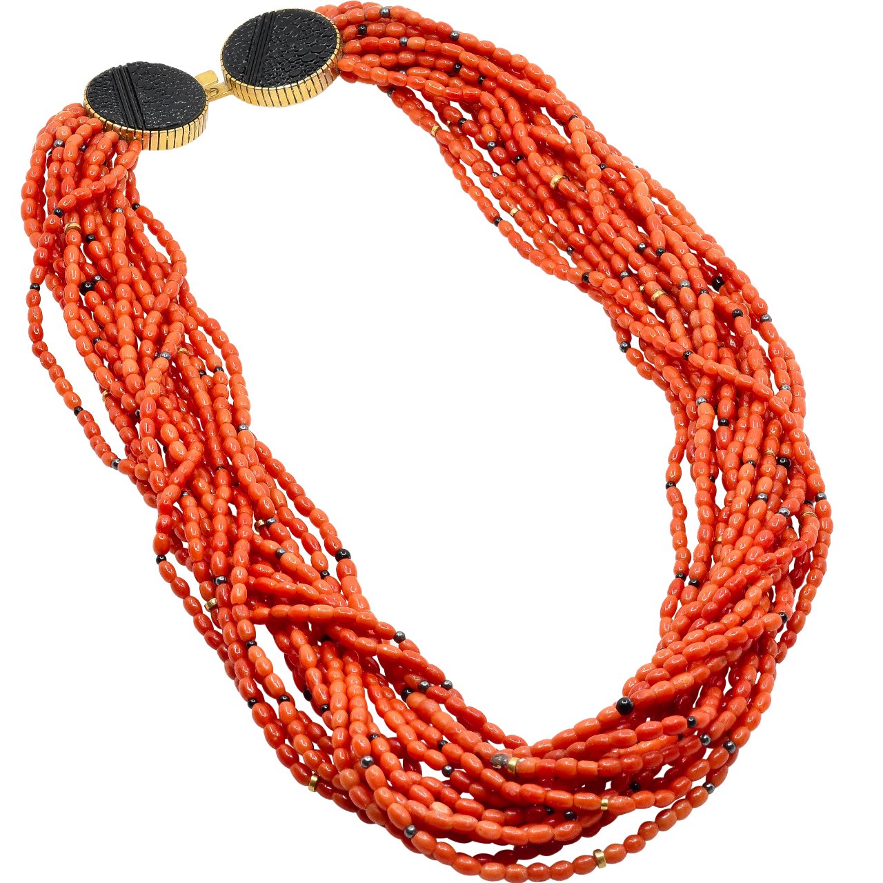 Gail Bird and Yazzie Johnson Necklace 16 Strands Natural Mediterranean Coral - Turquoise & Tufa