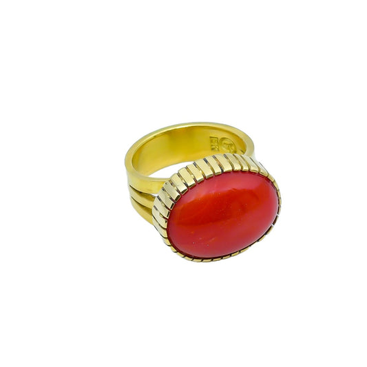 Gail Bird and Yazzie Johnson Ring of Natural Red Mediterranean Coral - Turquoise & Tufa
