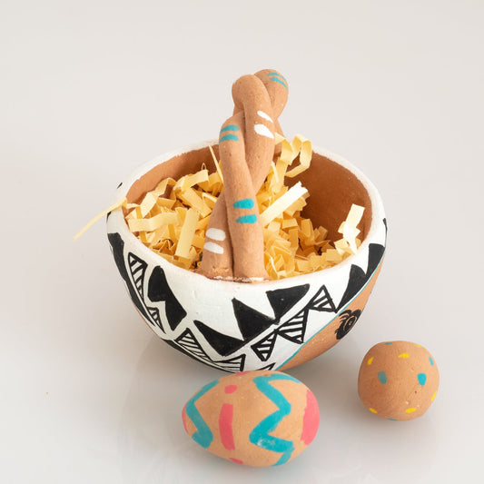 Hand Built Pottery Easter Basket And Eggs From San Felipe Pueblo - Turquoise & Tufa