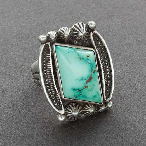 Harry H. Begay Ring With Natural Turquoise Rectangle Set In Silver - Turquoise & Tufa