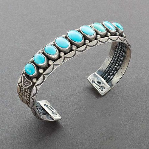 Harry H. Begay Row Bracelet of Turquoise and Silver - Turquoise & Tufa