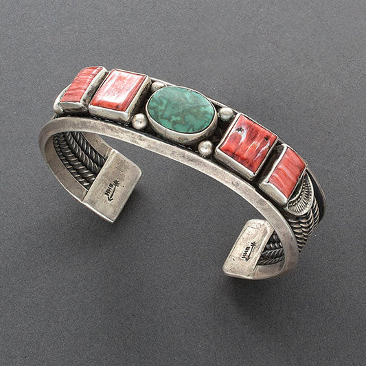 Harry H. Begay Vintage Navajo Cuff of Turquoise and Red Spiny Oyster - Turquoise & Tufa