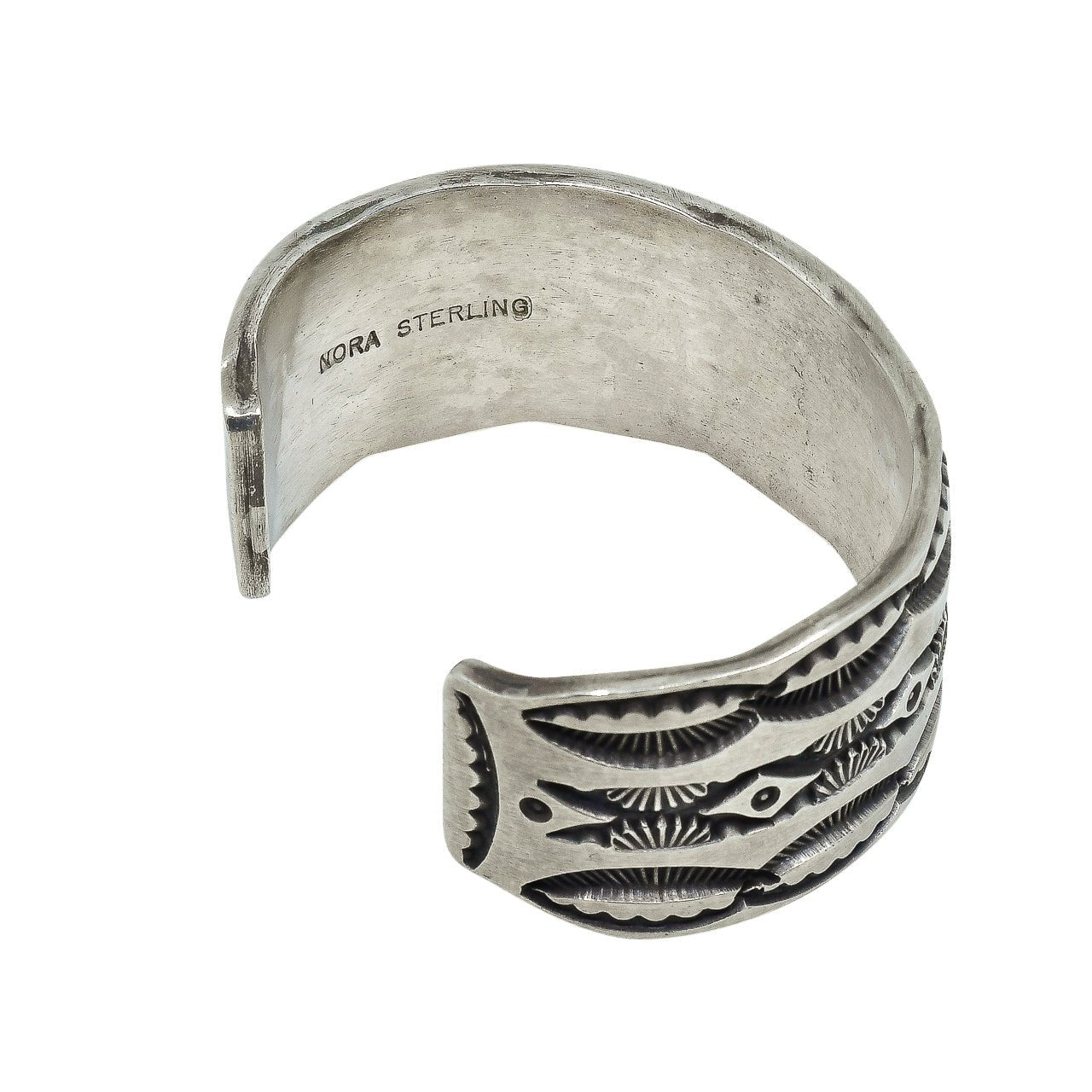 Heavy Stamped Navajo Silver Bracelet by Nora Tahe - Turquoise & Tufa