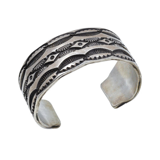 Heavy Stamped Navajo Silver Bracelet by Nora Tahe - Turquoise & Tufa