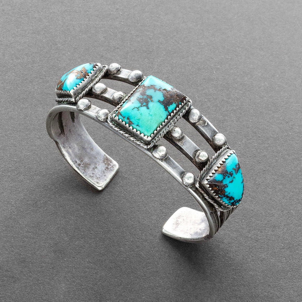 Historic Navajo Bracelet Set With Three Natural Turquoise Stones - Turquoise & Tufa