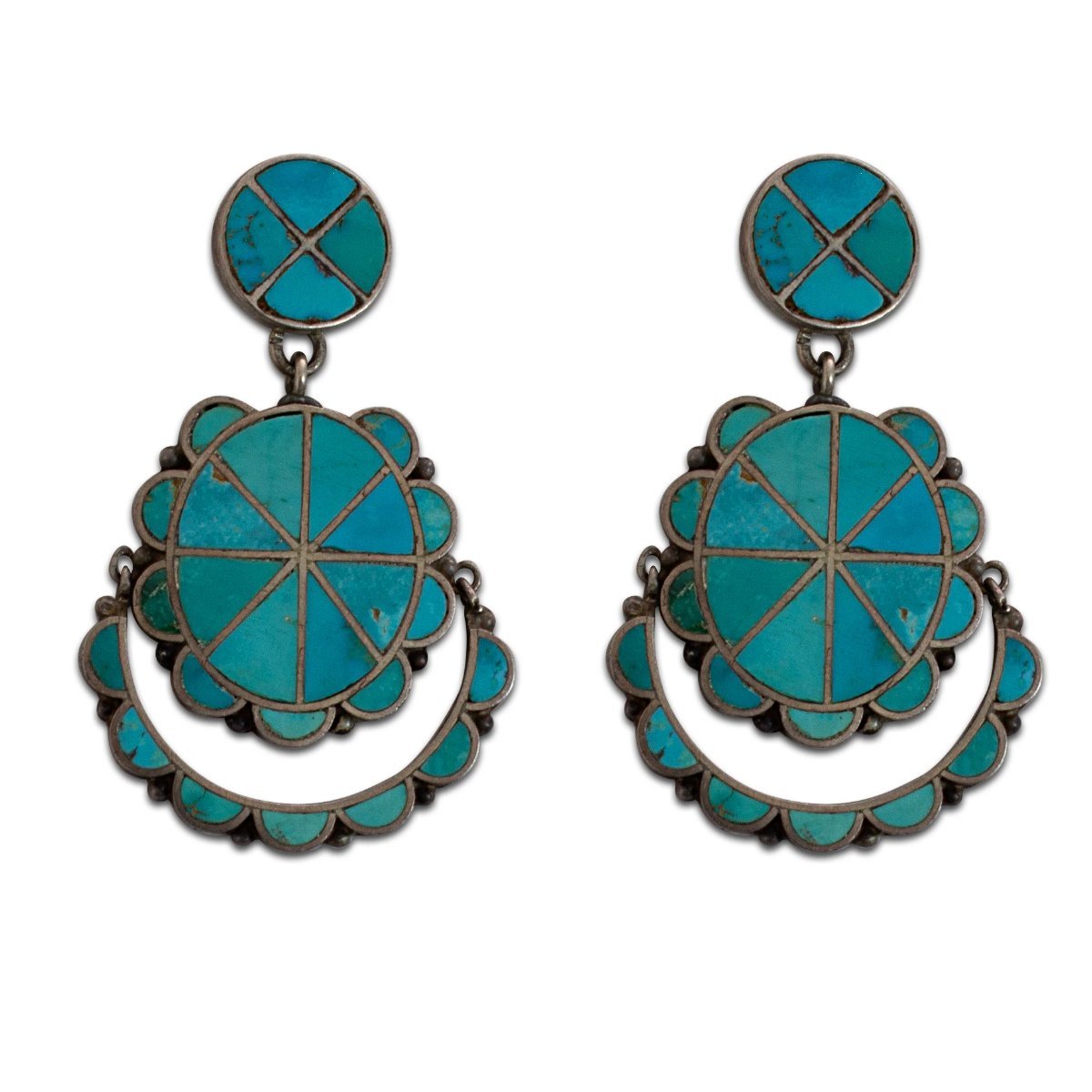 Historic Zuni Turquoise Channel Inlay Dangle Earrings - Turquoise & Tufa