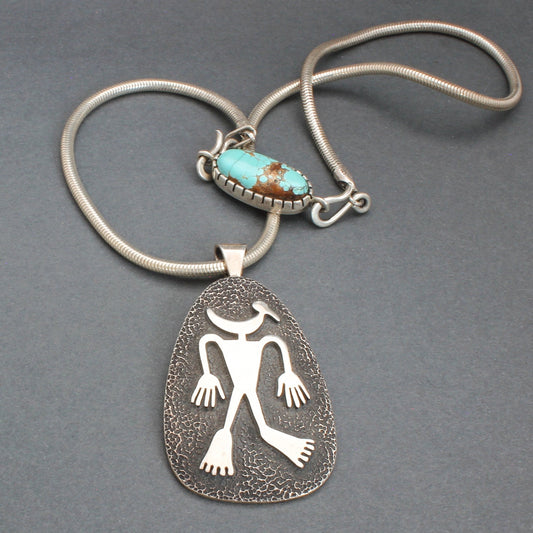 Hopi Overlay Bird Man Necklace By Ramon Dalangyawma - Turquoise & Tufa