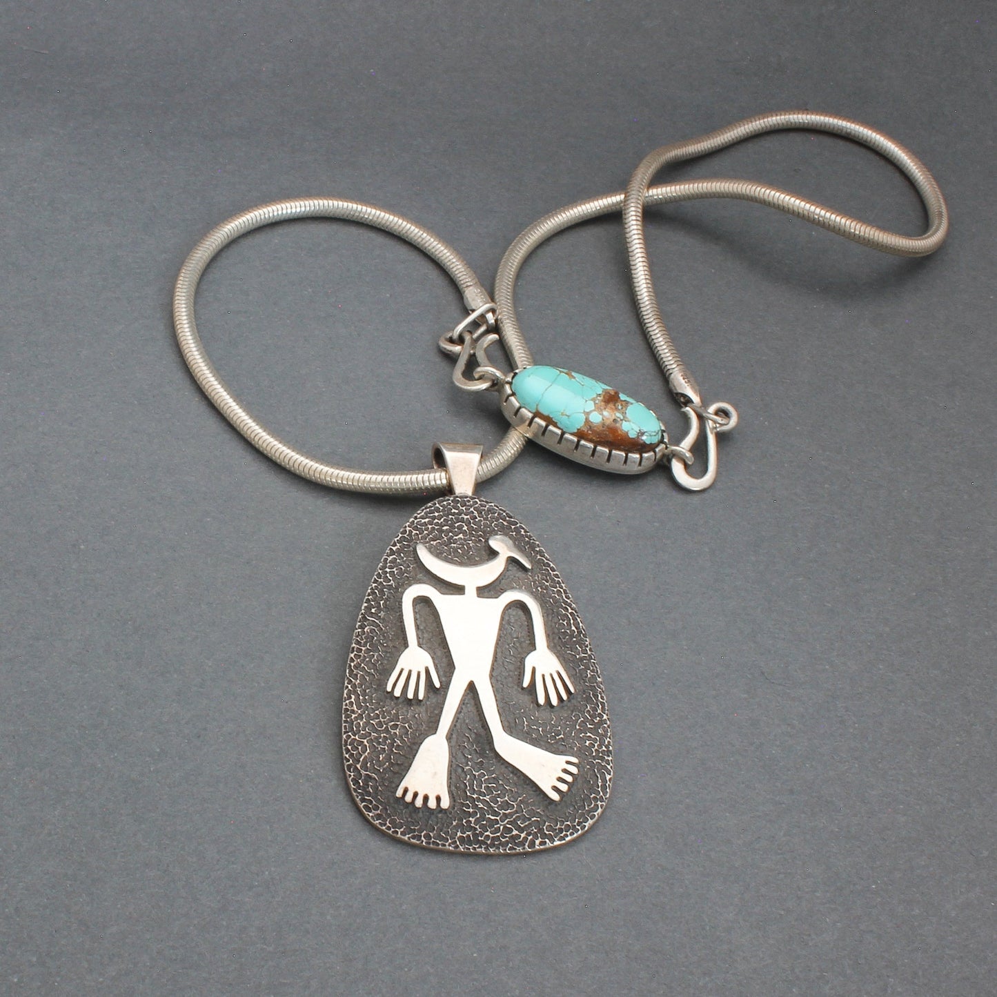 Hopi Overlay Bird Man Necklace By Ramon Dalangyawma - Turquoise & Tufa
