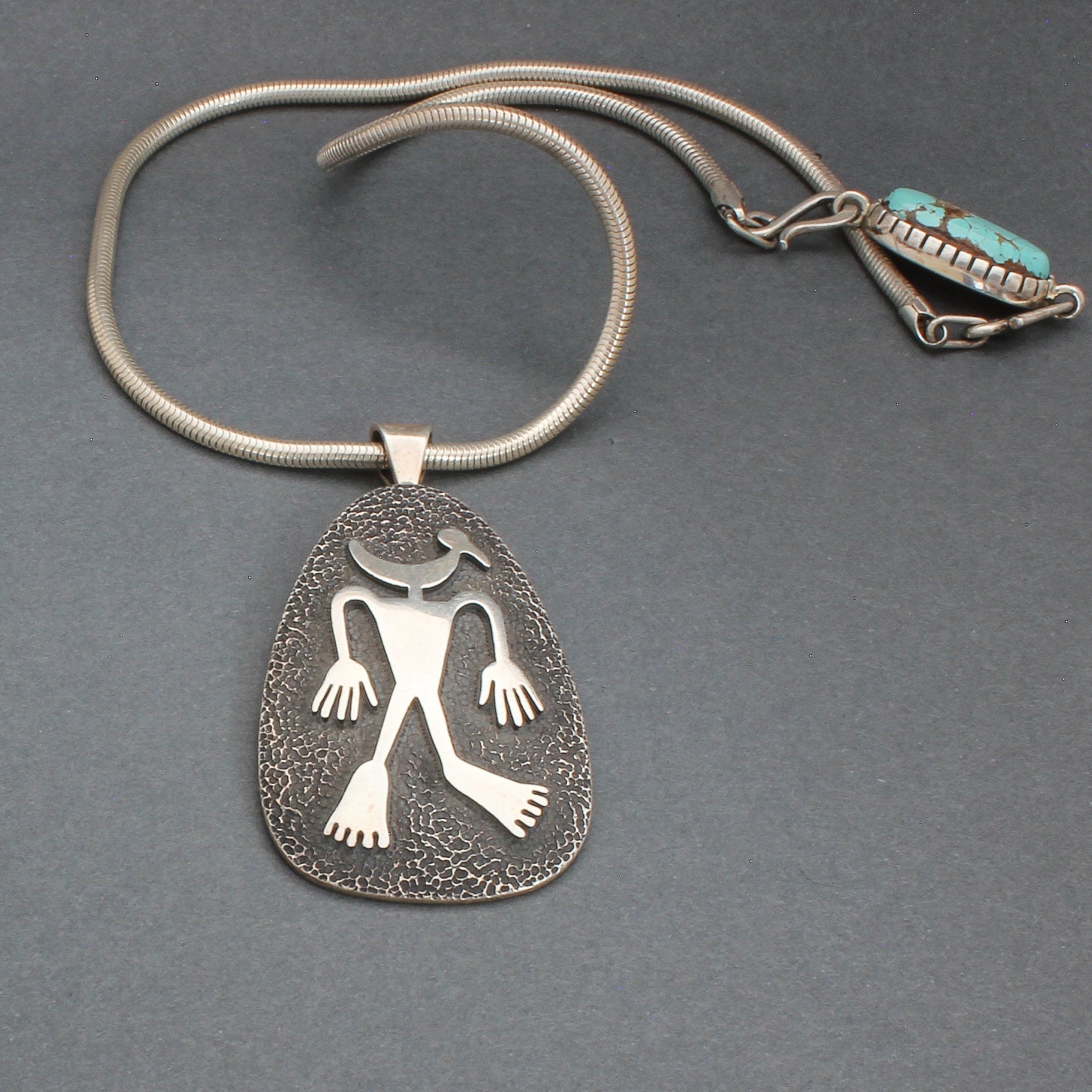 Hopi Overlay Bird Man Necklace By Ramon Dalangyawma - Turquoise & Tufa