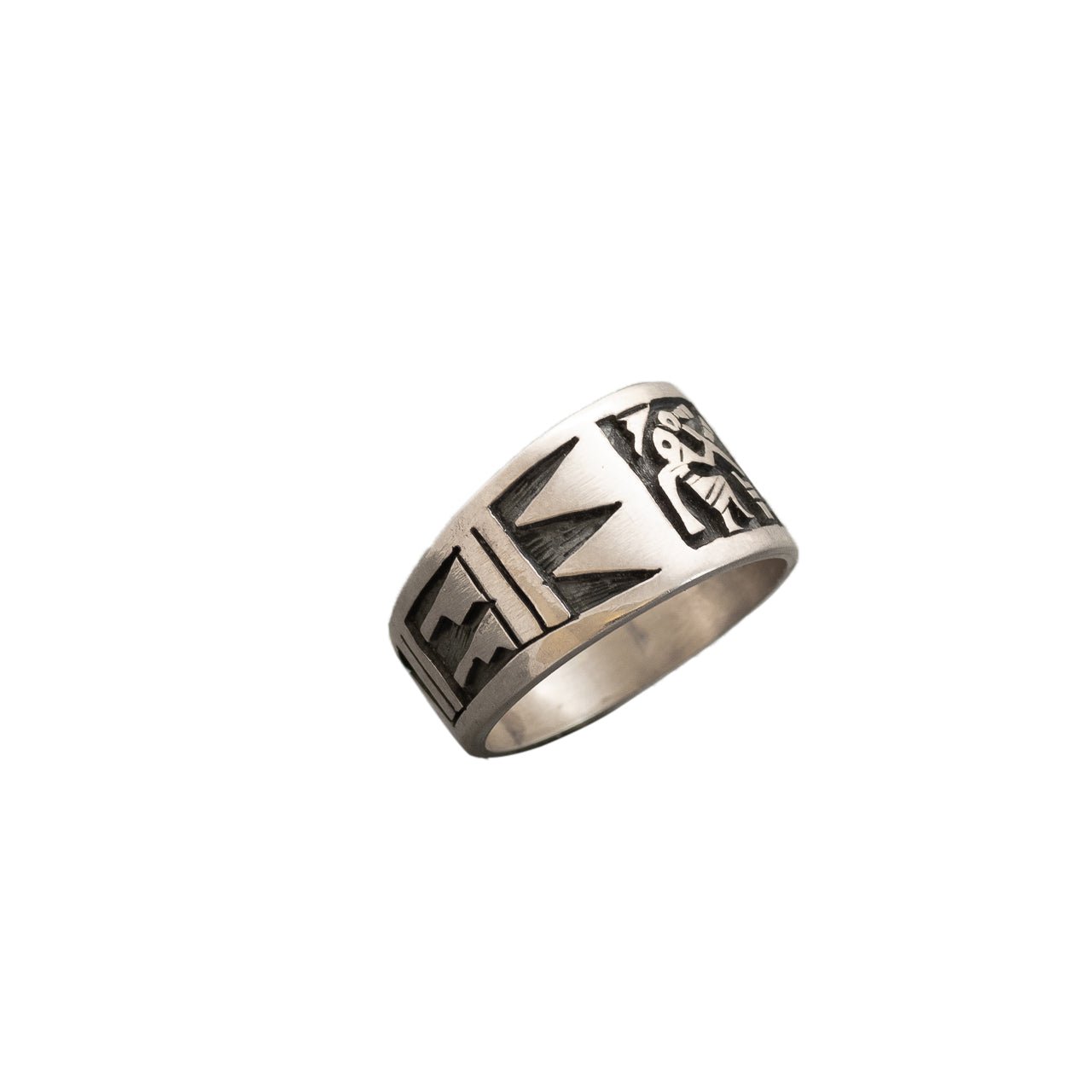 Hopi Overlay Silver Ring By Darren Silas With Flute Player - Turquoise & Tufa
