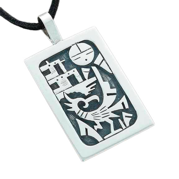Hopi Silver Overlay Pendant With Sun and Eagle - Turquoise & Tufa
