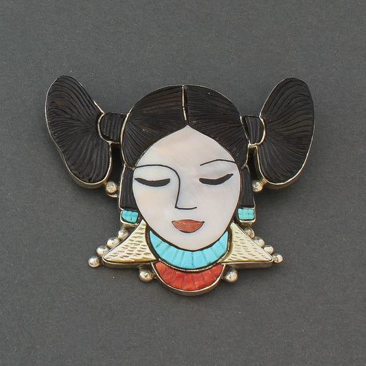 Inlay Hopi Maiden Pin Pendant by Virgil and Shirley Benn - Turquoise & Tufa