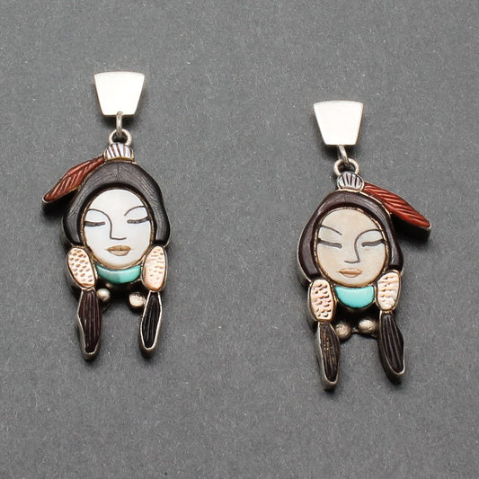 Inlay Maiden Dangle Earrings by Virgil and Shirley Benn - Turquoise & Tufa