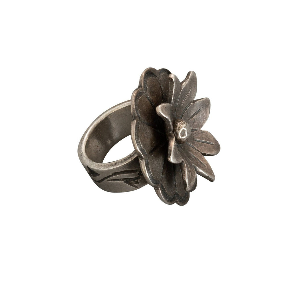 James Faks Ring of Sterling Silver Flower – Turquoise & Tufa