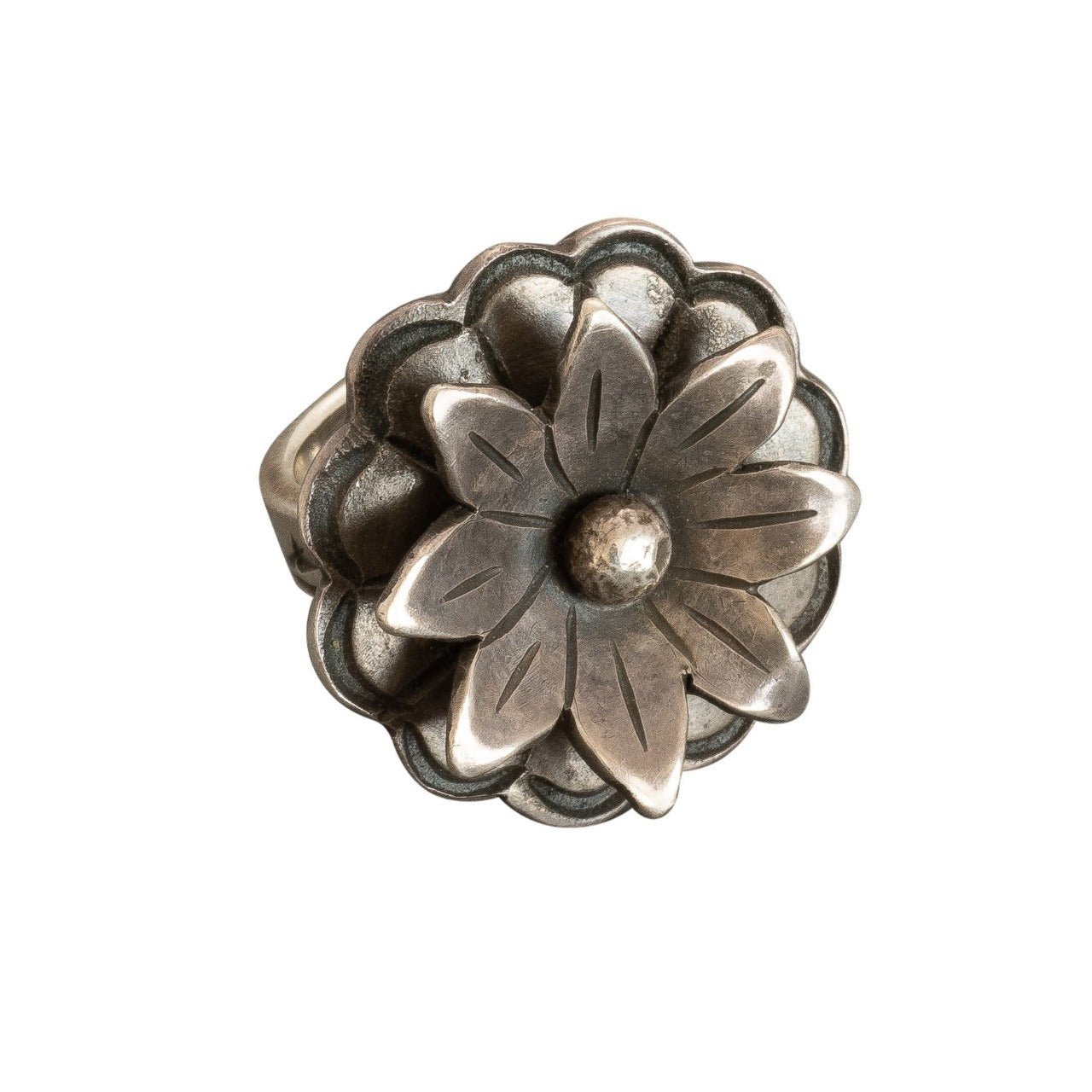 James Faks Ring of Sterling Silver Flower - Turquoise & Tufa