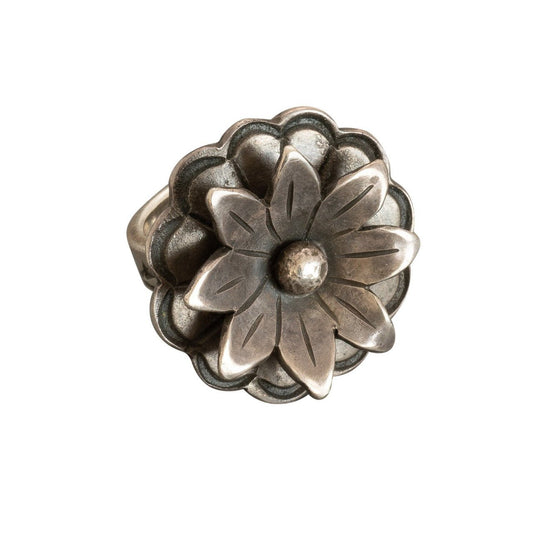 James Faks Ring of Sterling Silver Flower - Turquoise & Tufa