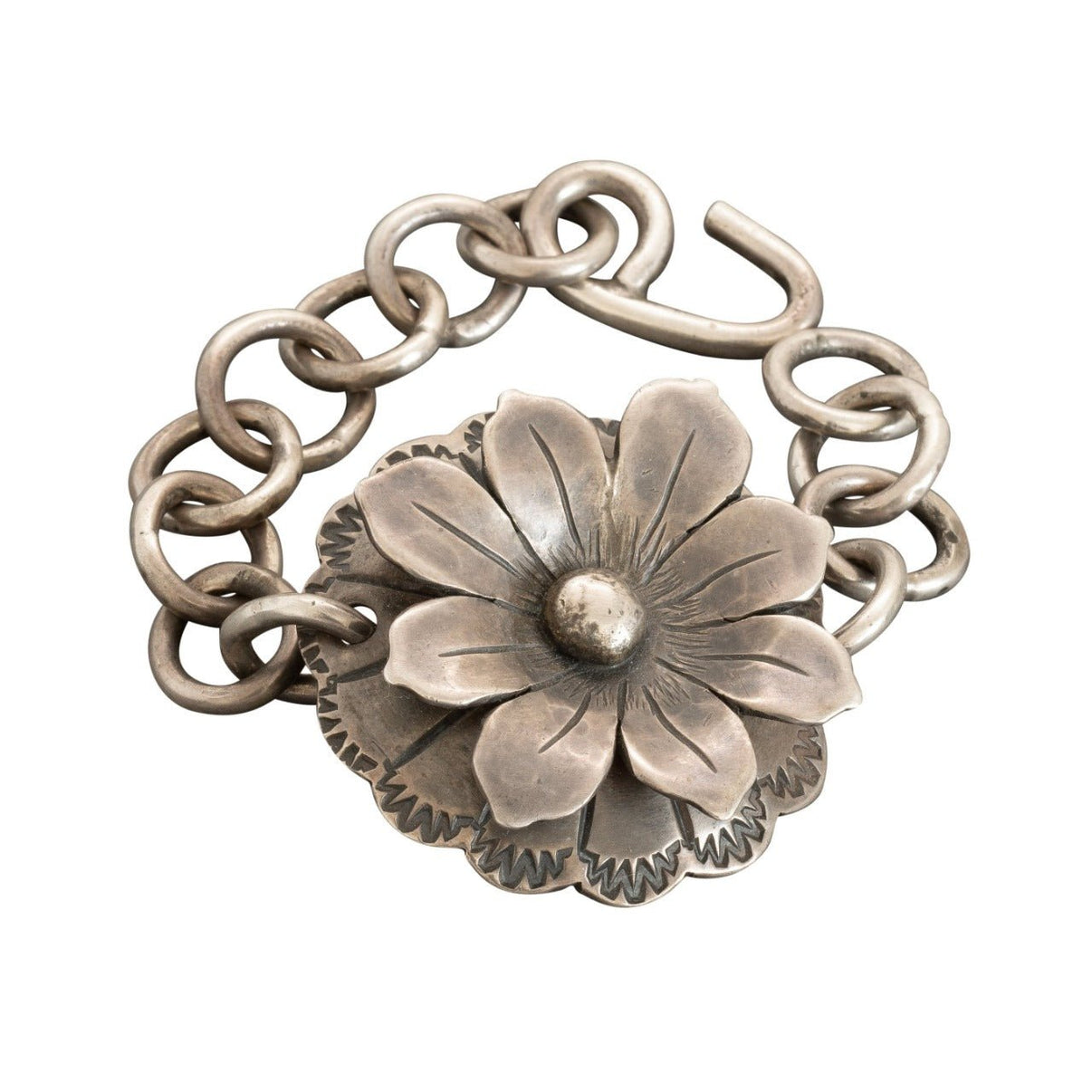 James Faks Sterling Silver Flower Link Bracelet Turquoise & Tufa
