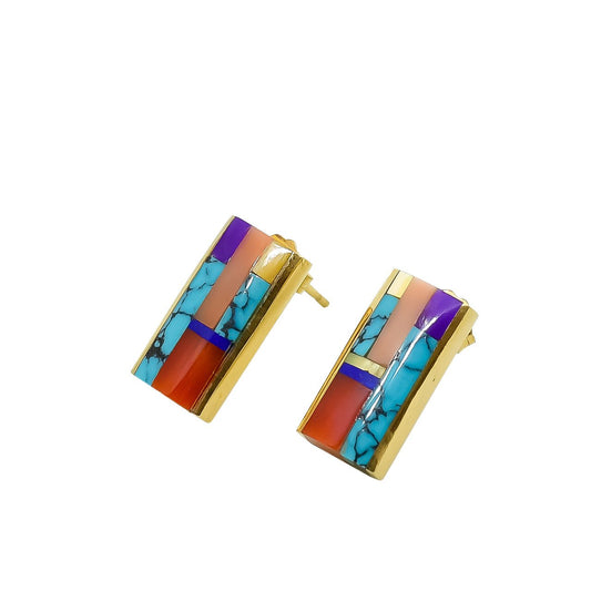 Jimmie King Jr. Earrings of Gold and Multi-Stone Inlay - Turquoise & Tufa