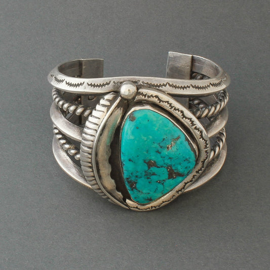 Large Vintage Navajo Bracelet of Heavy Silver and Morenci Turquoise - Turquoise & Tufa