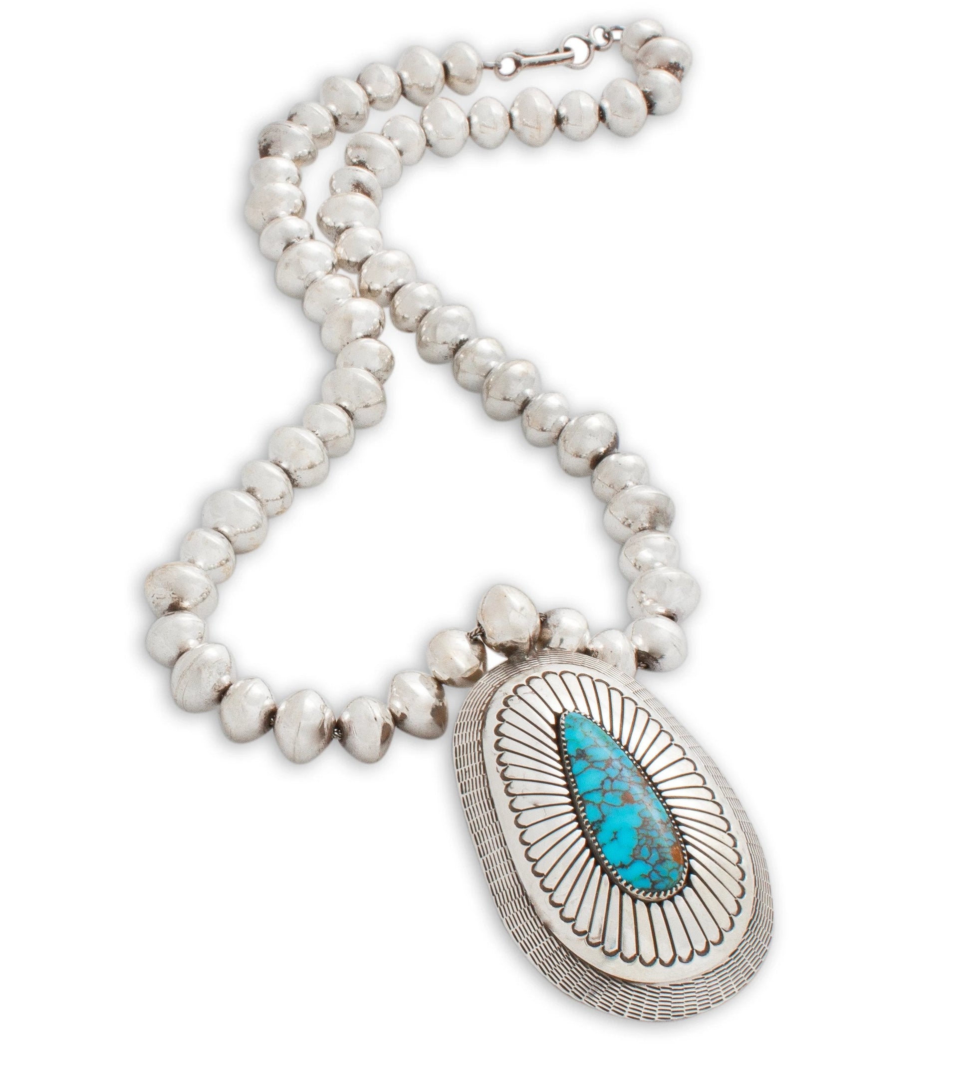 Lee Yazzie Necklace of Sterling Silver Beads and Turquoise Pendant - Turquoise & Tufa
