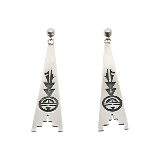 Long Hopi Overlay Dangle Earrings With Katsina Face - Turquoise & Tufa