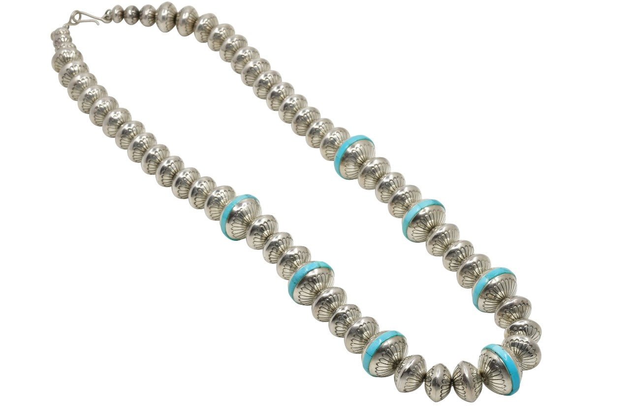 Mary Marie Lincoln Yazzie Silver Beads With Turquoise Inlay - Turquoise & Tufa