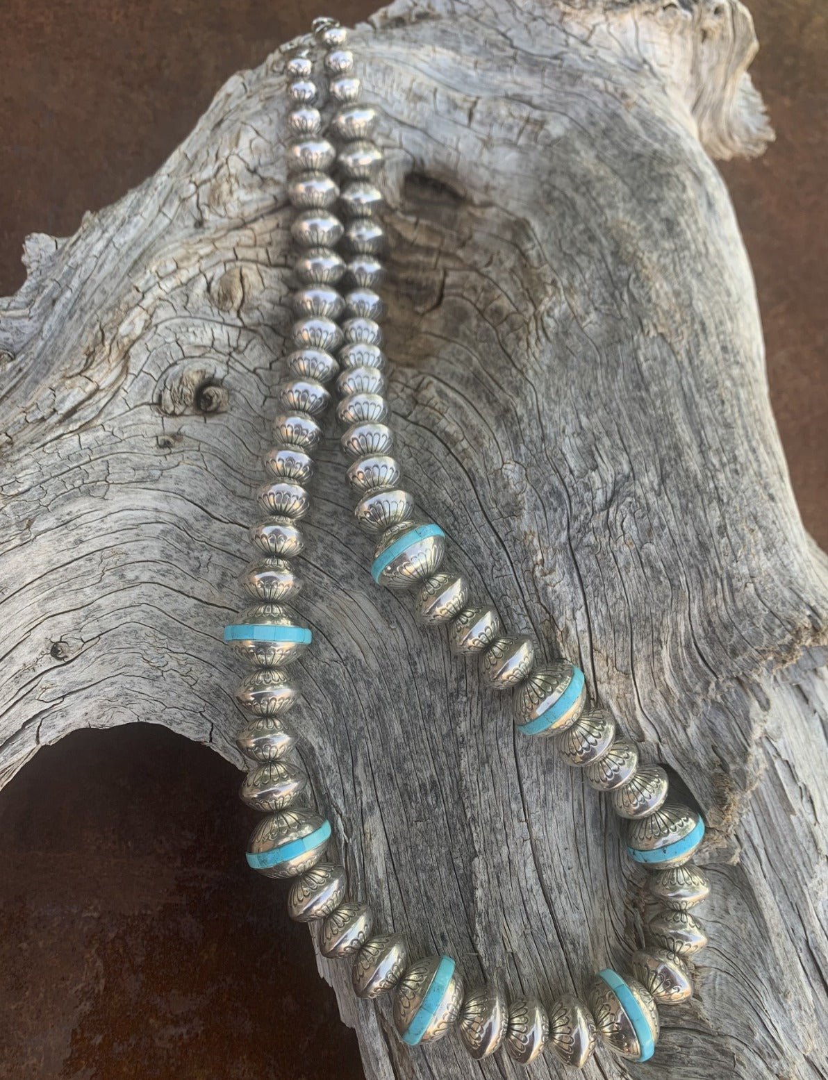 Mary Marie Lincoln Yazzie Silver Beads With Turquoise Inlay - Turquoise & Tufa