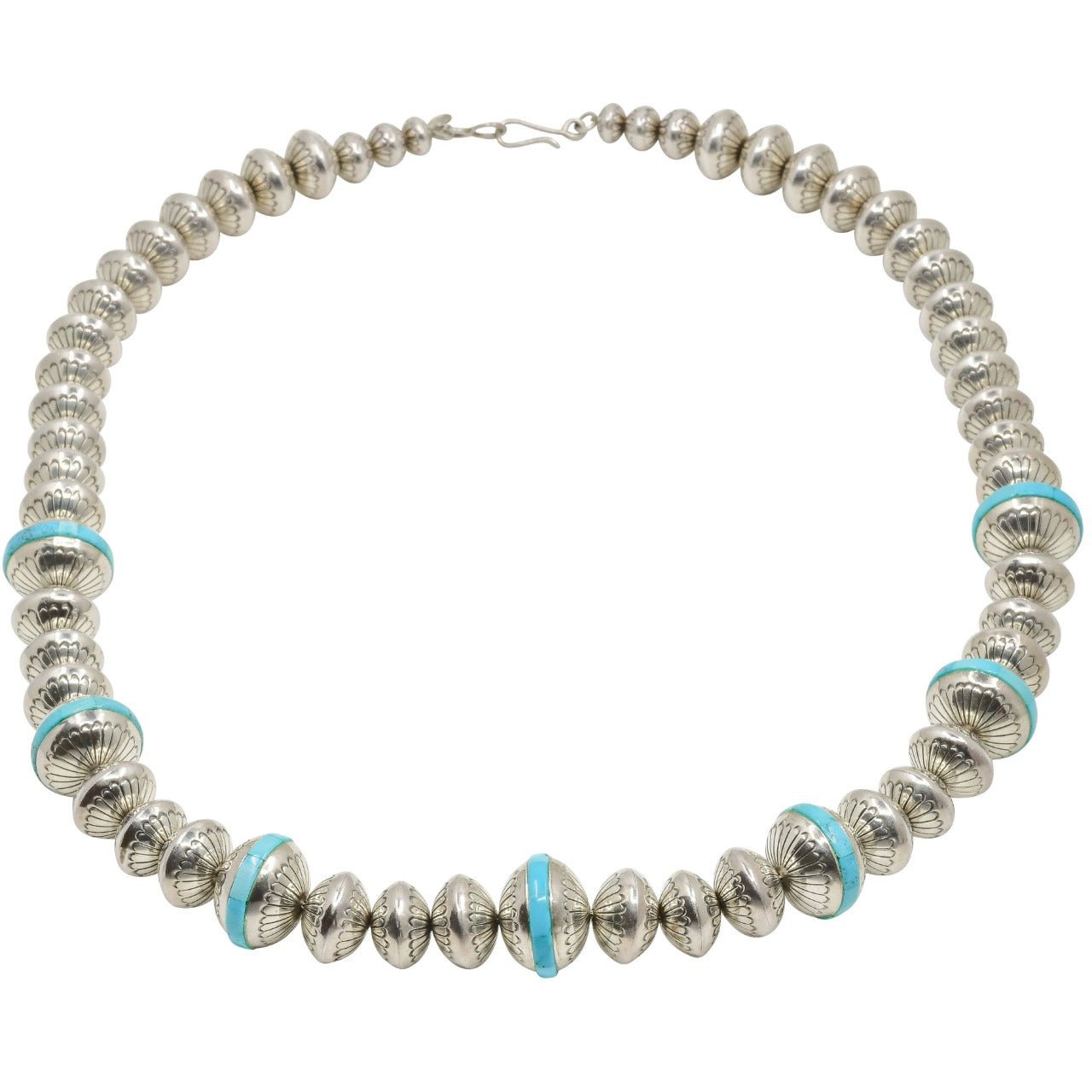 Mary Marie Lincoln Yazzie Silver Beads With Turquoise Inlay - Turquoise & Tufa