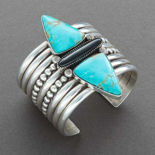 Mike Bird Romero Heavy Silver Cuff of Turquoise and Jet - Turquoise & Tufa