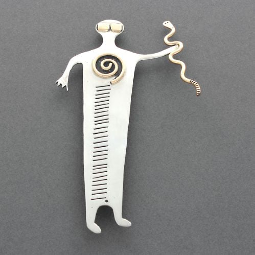 Mike Bird Romero Spirit Figure Pin Pendant of Silver with Gold Accents - Turquoise & Tufa