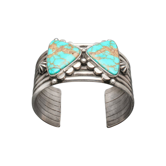 Mike Bird Romero Wide Silver Cuff of Natural Turquoise Butterfly - Turquoise & Tufa