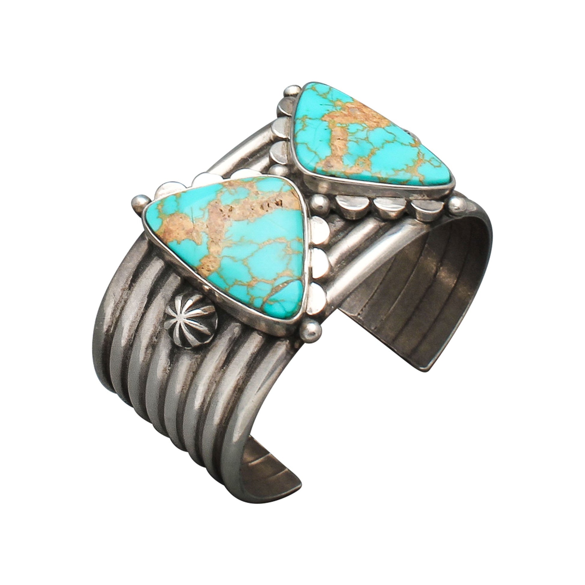 Mike Bird Romero Wide Silver Cuff of Natural Turquoise Butterfly - Turquoise & Tufa