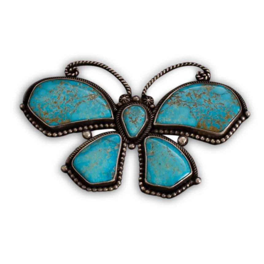 Navajo Butterfly Brooch of Fine Natural Turquoise By Liz Wallace - Turquoise & Tufa