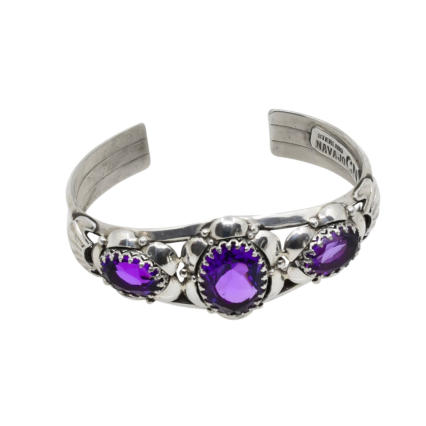 Navajo Clem Nalwood Bracelet of Silver and Amethyst Stones - Turquoise & Tufa