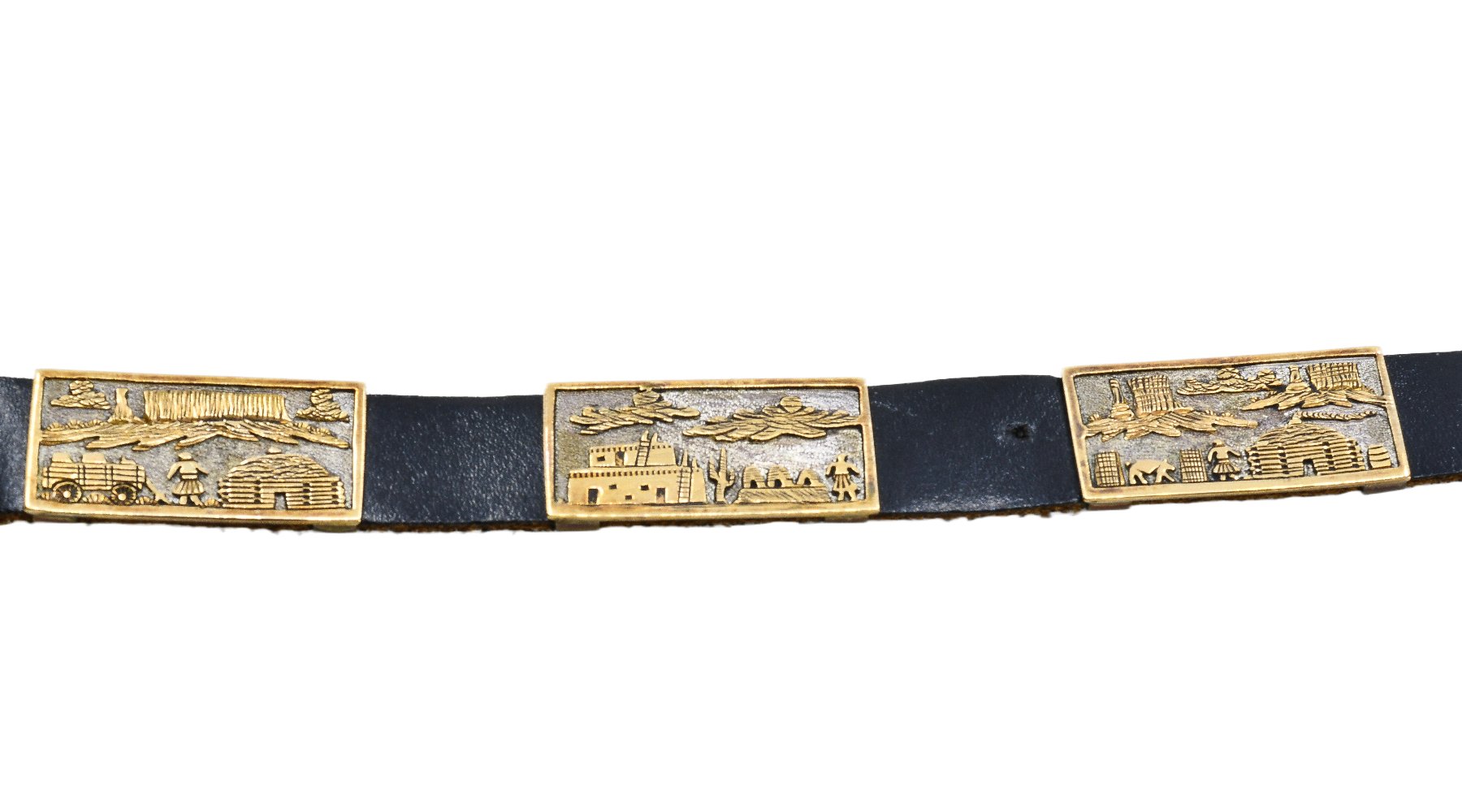 Navajo Eugene Hale Storyteller Belt Of Silver and Gold Overlay - Turquoise & Tufa