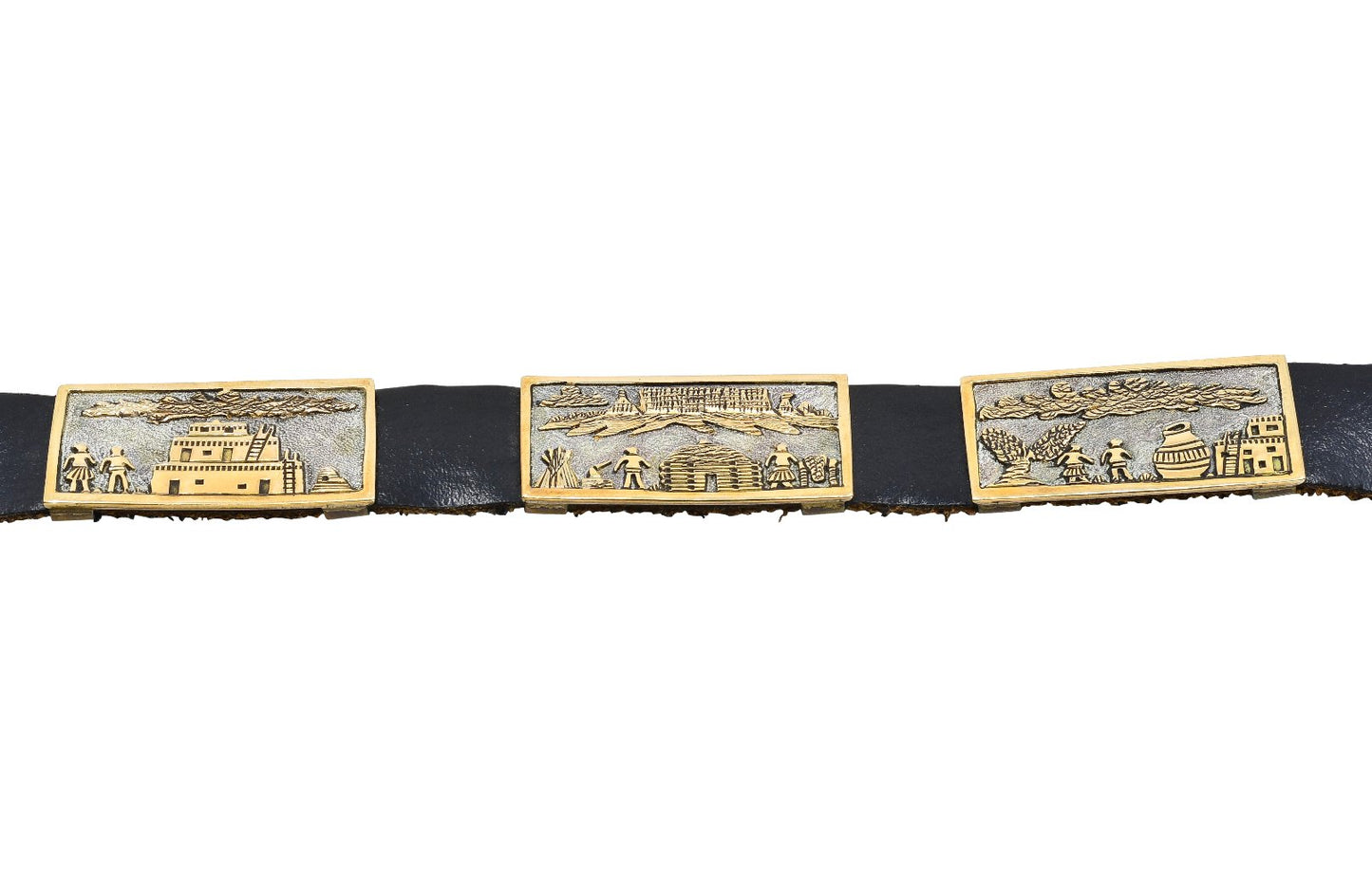 Navajo Eugene Hale Storyteller Belt Of Silver and Gold Overlay - Turquoise & Tufa