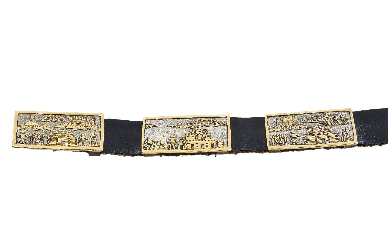 Navajo Eugene Hale Storyteller Belt Of Silver and Gold Overlay - Turquoise & Tufa