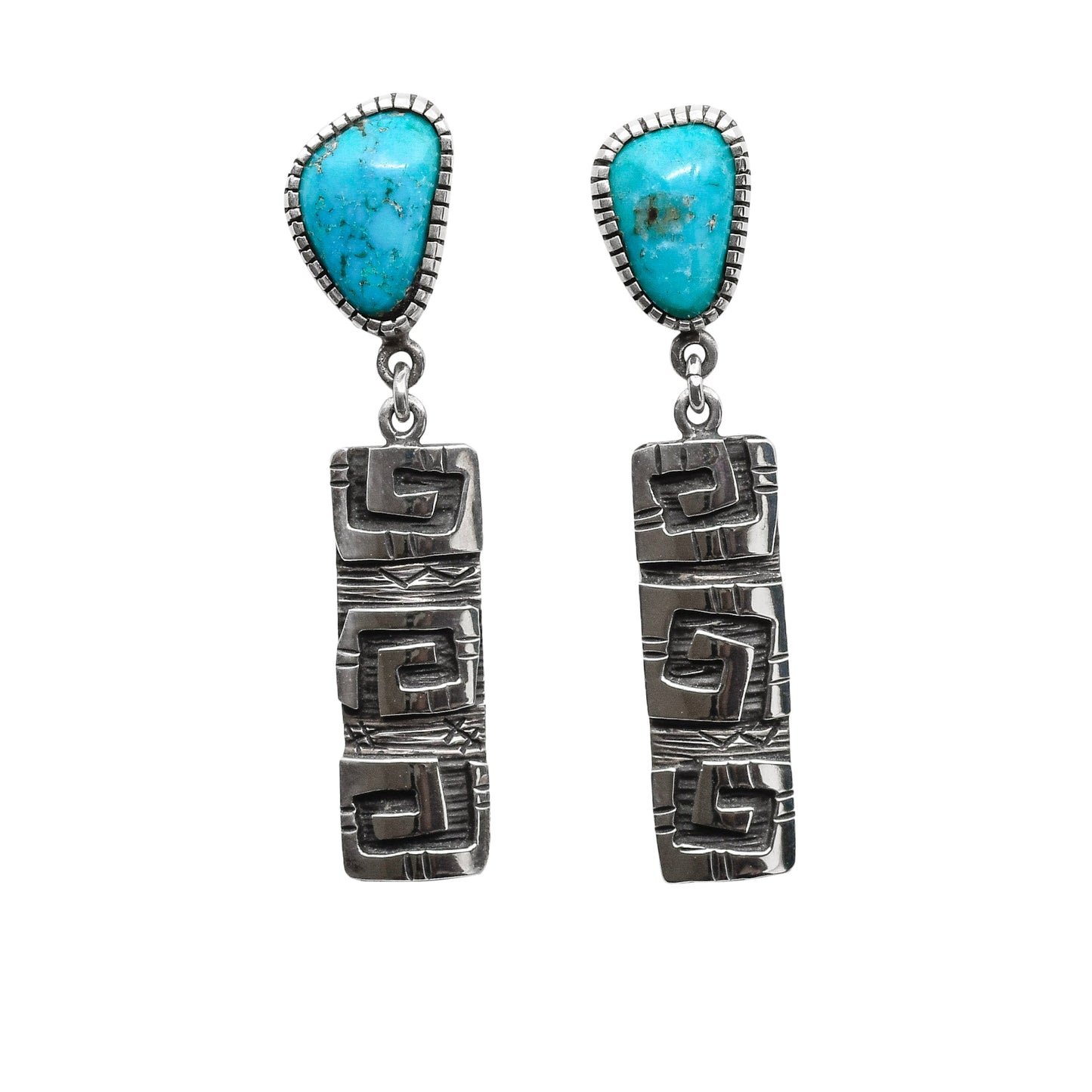 Navajo Kee Yazzie Turquoise Dangle Earrings - Turquoise & Tufa