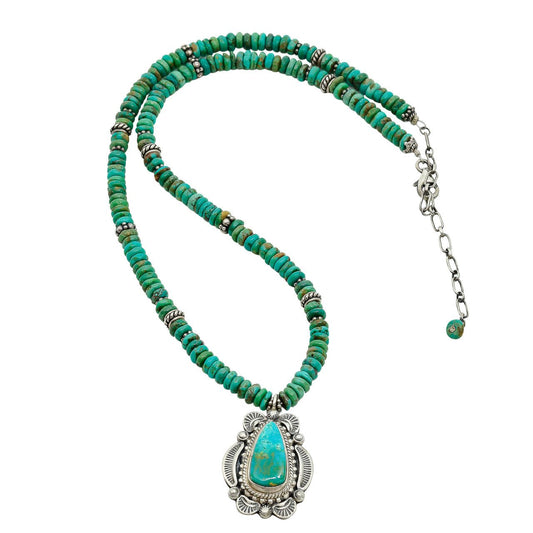 Navajo Necklace of Turquoise Beads With Turquoise Pendant - Turquoise & Tufa