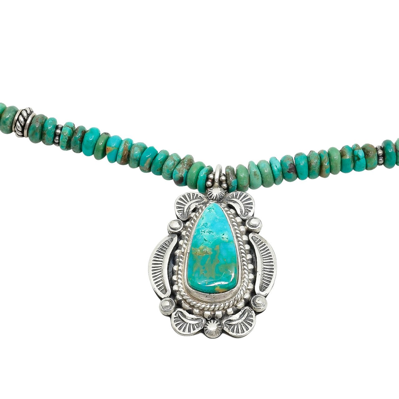 Navajo Necklace of Turquoise Beads With Turquoise Pendant - Turquoise & Tufa