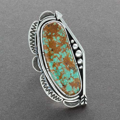 Navajo Ring with Elongated Turquoise Stone and Silver Arrow - Turquoise & Tufa