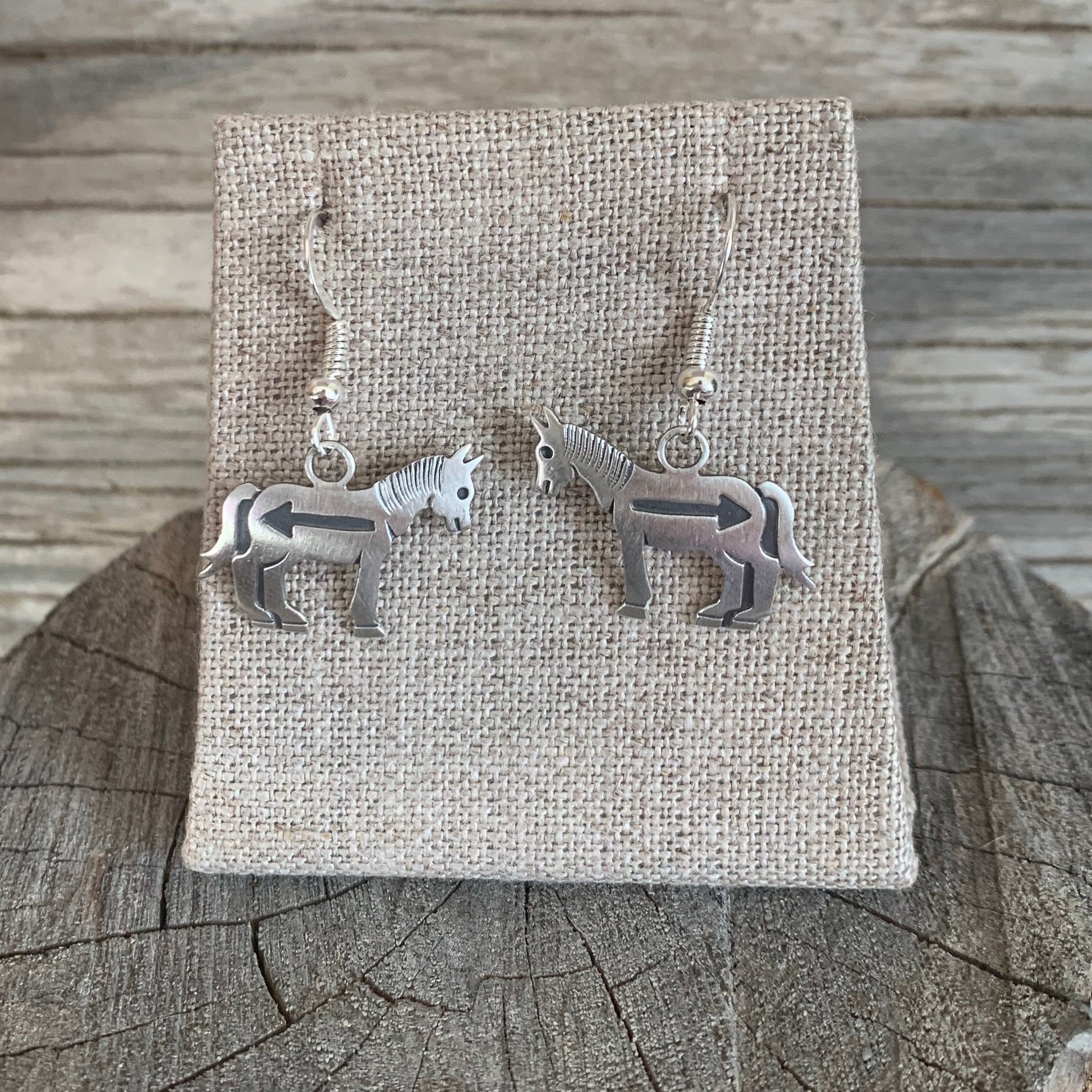 Navajo Silver Overlay Earrings of Horse With Arrow by Irvin Gene - Turquoise & Tufa