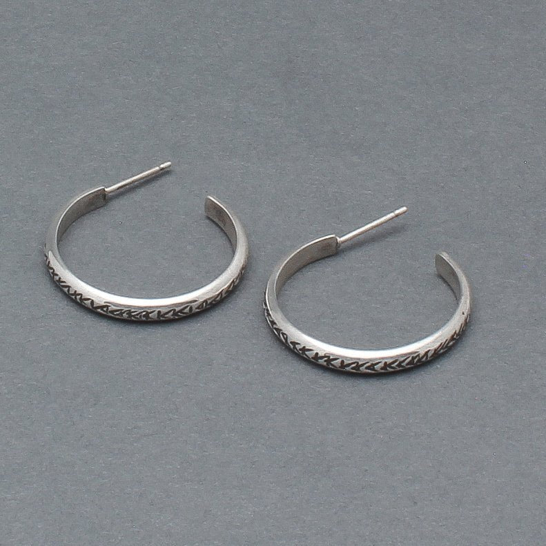 Navajo Silver Stamped Hoop Earrings By Ben Haley - Turquoise & Tufa