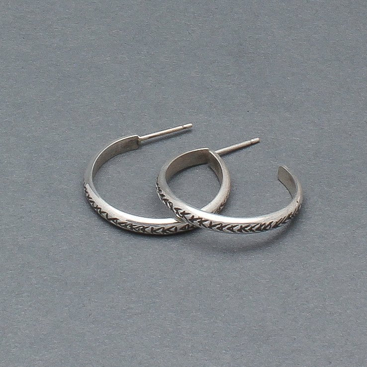 Navajo Silver Stamped Hoop Earrings By Ben Haley - Turquoise & Tufa