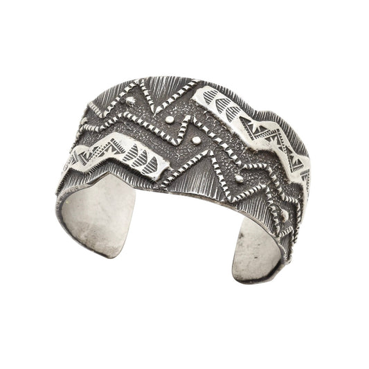 Navajo Virgil Reeder Textured Silver Cuff Bracelet - Turquoise & Tufa