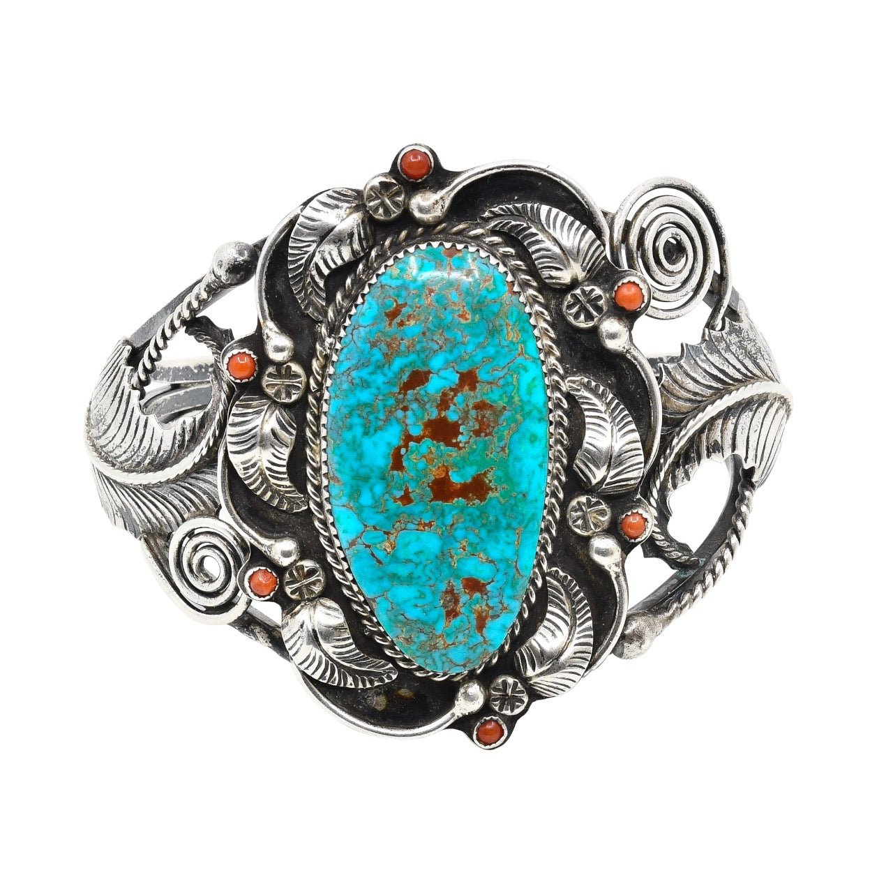 Navajo Walter Mitchell Turquoise and Coral Cuff - Turquoise & Tufa