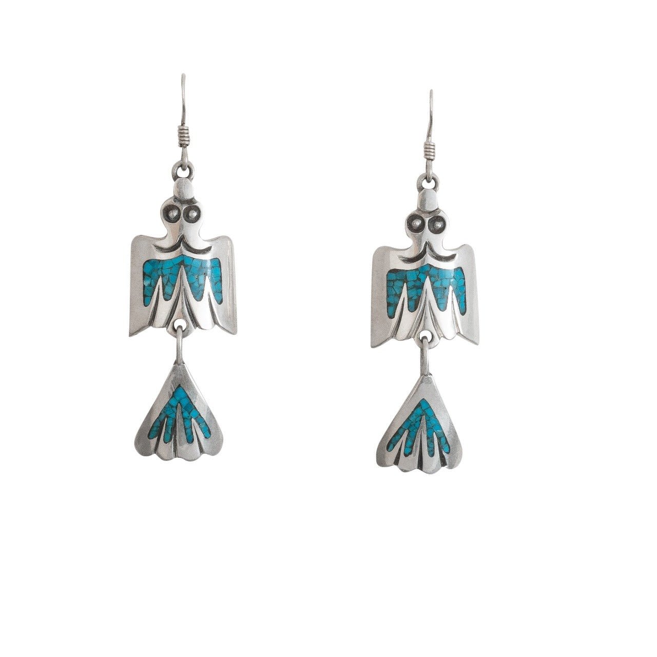 Navajo Water Bird Dangle Earrings With Chip Inlay Turquoise - Turquoise & Tufa
