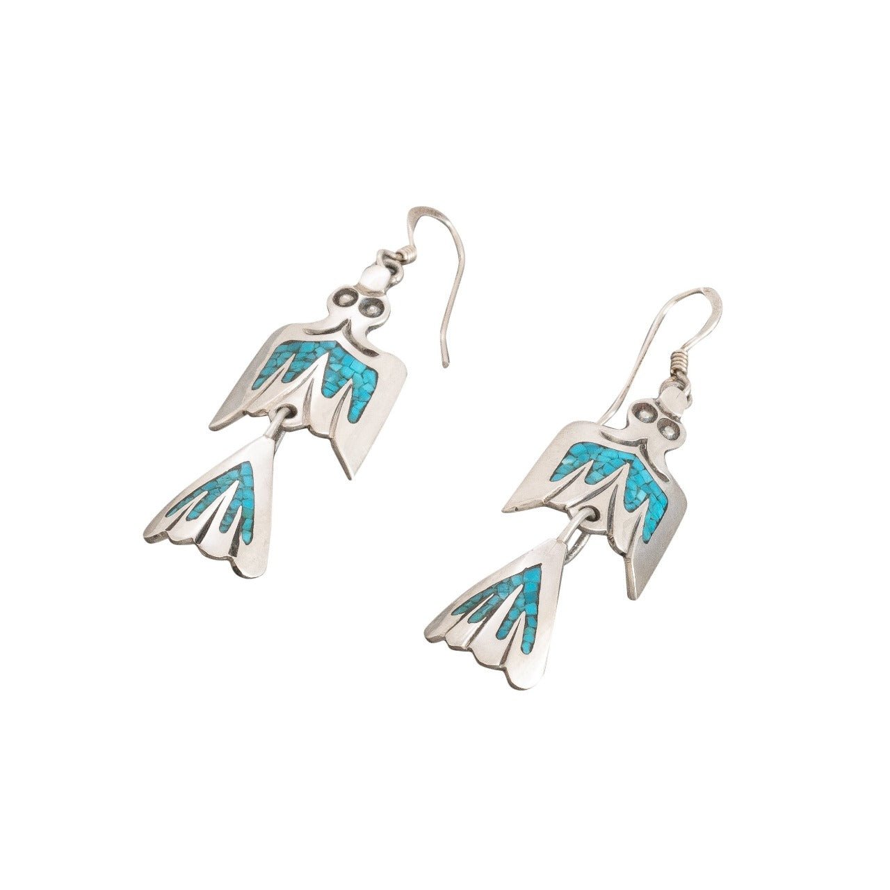 Navajo Water Bird Dangle Earrings With Chip Inlay Turquoise - Turquoise & Tufa