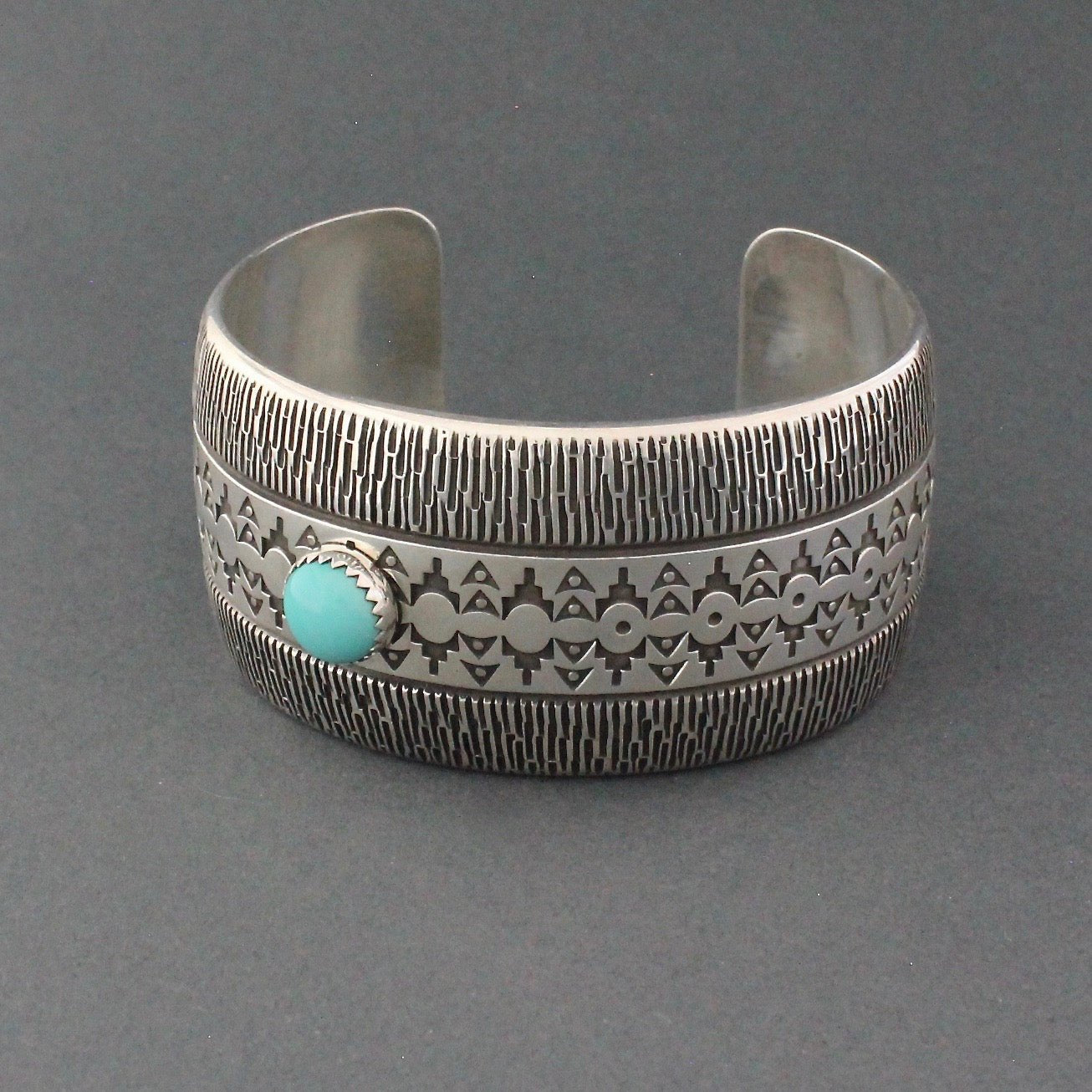 Norbert Peshlakai Silver Bracelet With Off Set Turquoise - Turquoise & Tufa