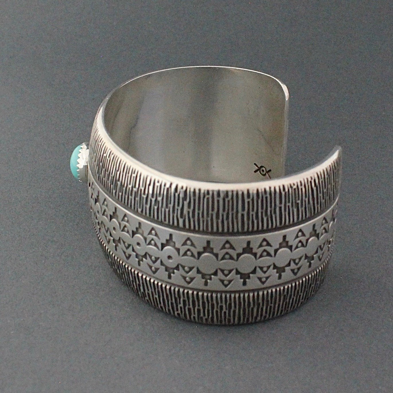 Norbert Peshlakai Silver Bracelet With Off Set Turquoise - Turquoise & Tufa